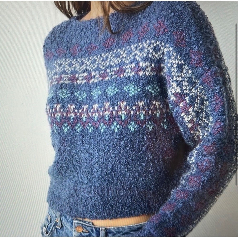 Natural Life Womens Indigo Calla Jacquard Fair Isle Boho Boucle Nordic Sweater L